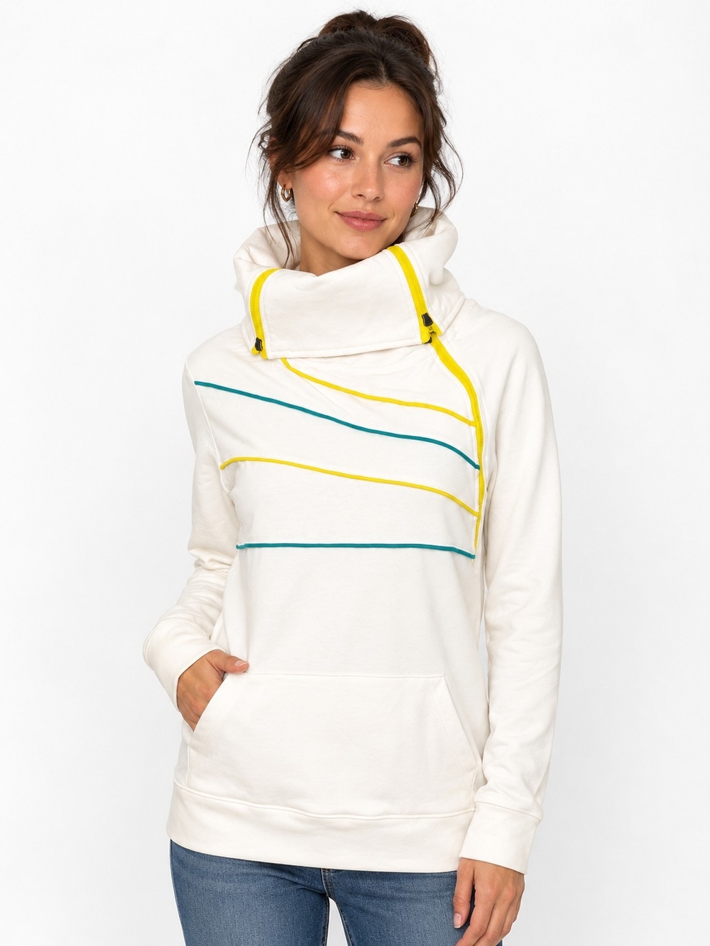 VENUS Cream Funnel Neck Hoodie with Yellow & Teal Trim